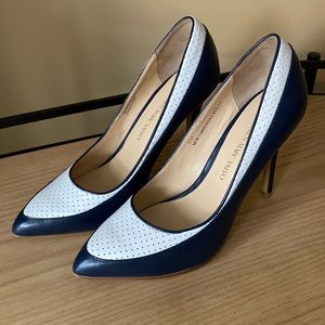 Navy and white leather pumps